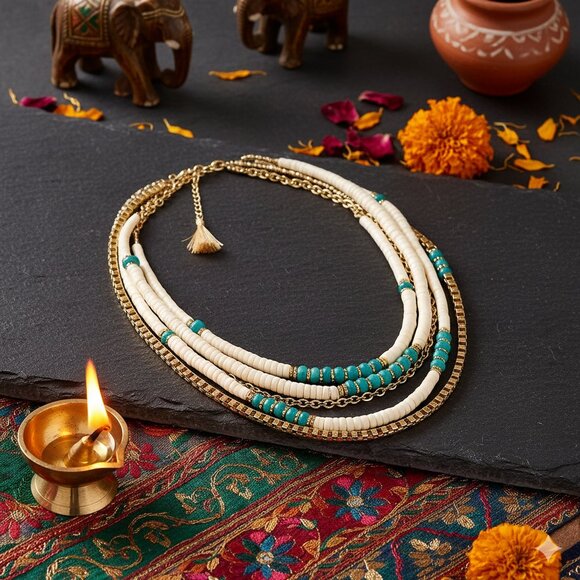 🆕️Handcrafted Boho Chic Beaded Antique Gold Artisanal Ethnic Layered Necklace - Picture 6 of 9